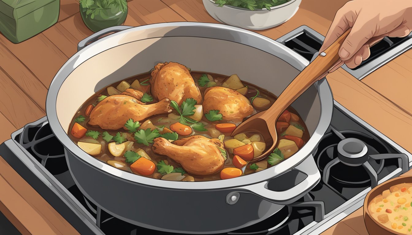 A pot of basque chicken stew being placed on a stovetop, with a wooden spoon nearby