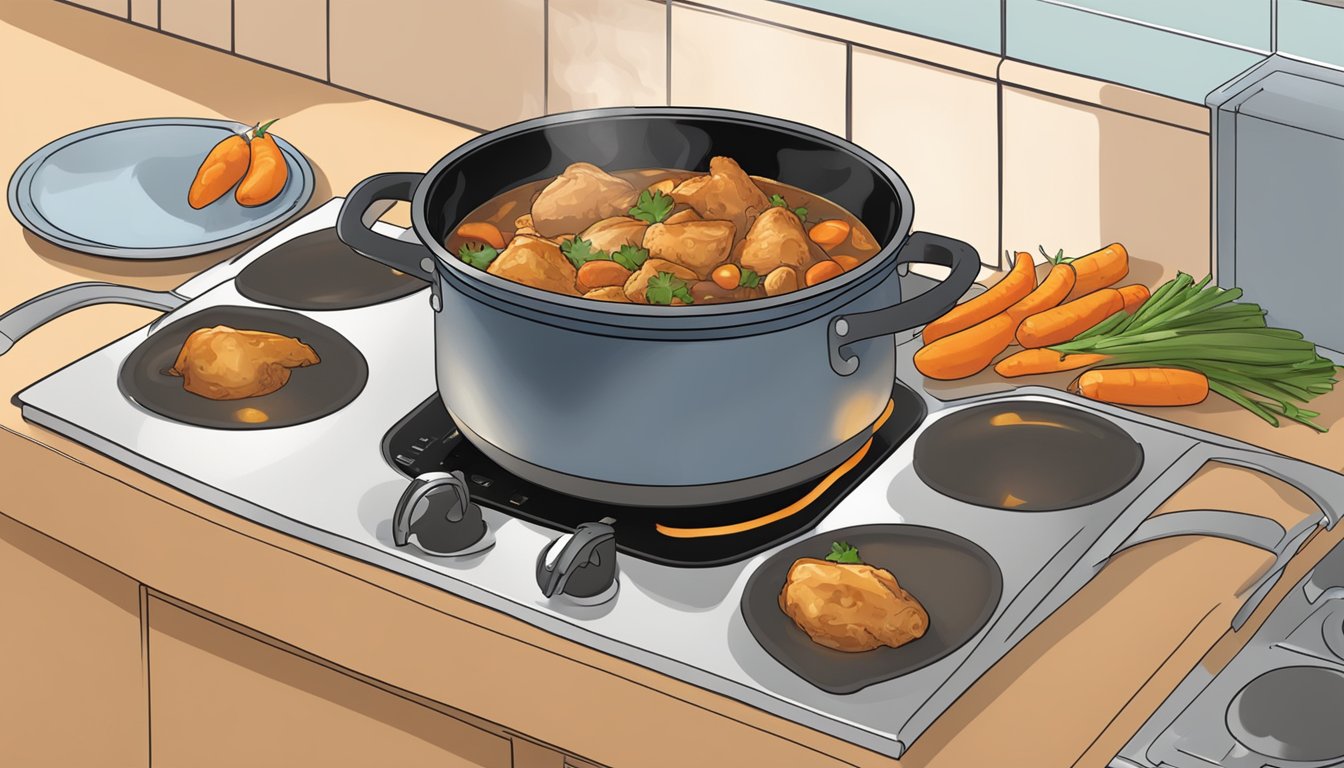 A pot of basque chicken stew being reheated on a stovetop