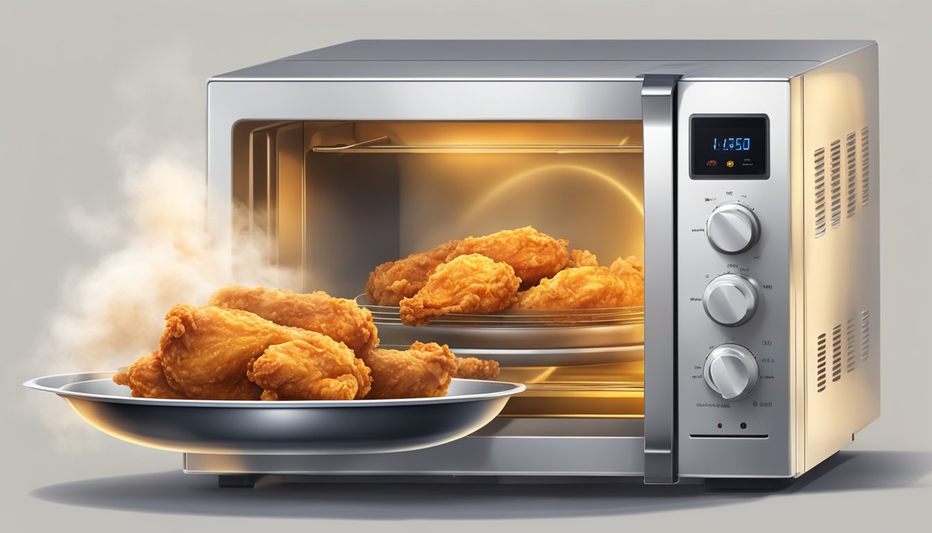 A microwave with a spinning plate inside, a Banquet Mega Bowl of country fried chicken placed on the plate, steam rising from the bowl as it heats up