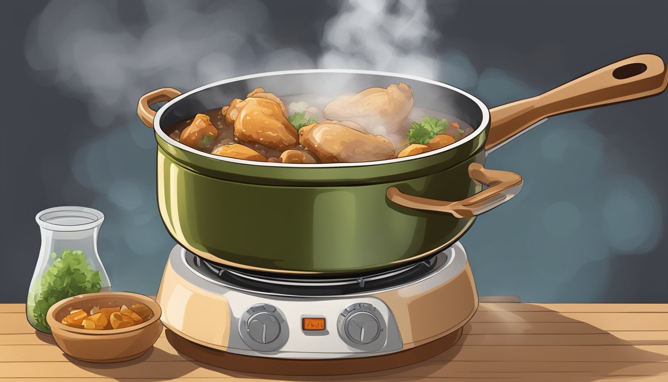 A pot of basque chicken stew being reheated on a stovetop, steam rising from the bubbling mixture as a wooden spoon stirs it