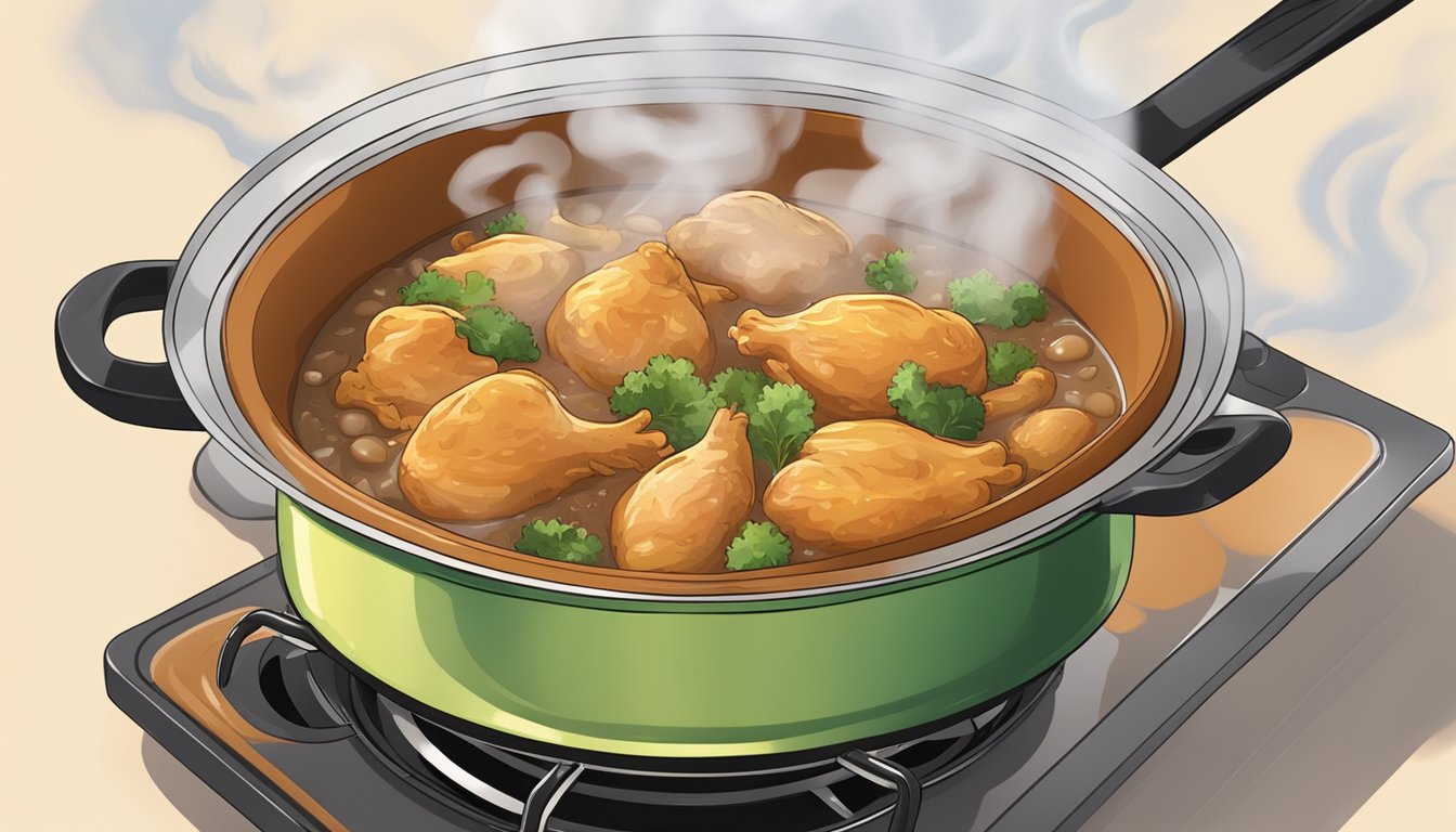 A pot of basque chicken stew being reheated on a stovetop, with steam rising from the bubbling mixture