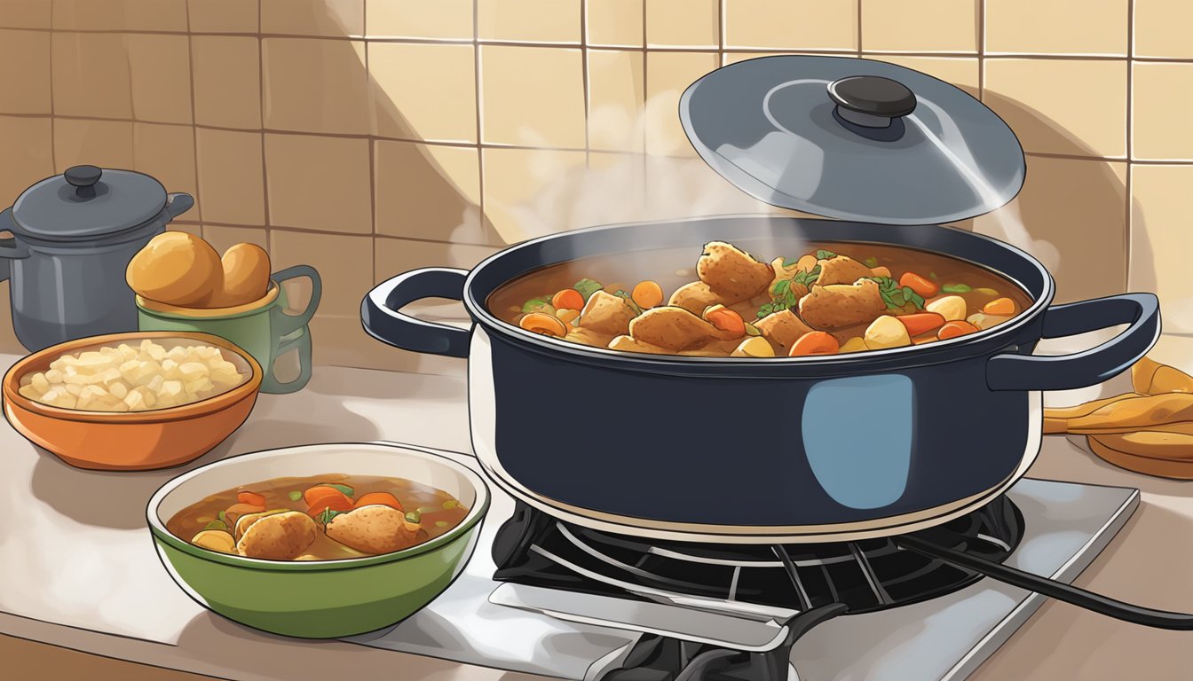 A pot of basque chicken stew being reheated on a stovetop