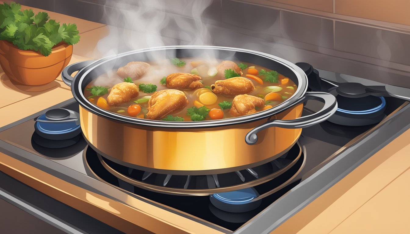 A pot of basque chicken stew being reheated on a stovetop, with steam rising and a rich, savory aroma filling the kitchen