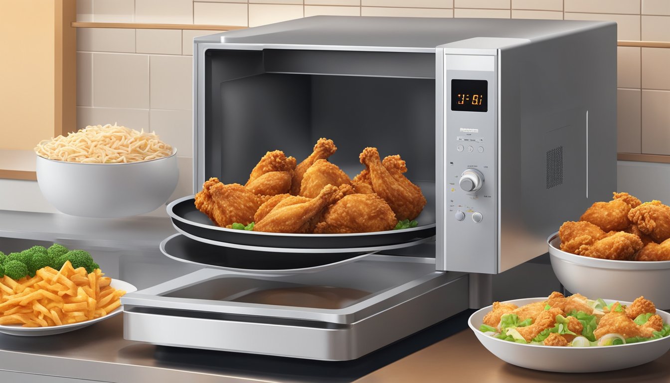 A microwave with a banquet mega bowl of country fried chicken rotating on the turntable, steam rising from the hot, crispy pieces