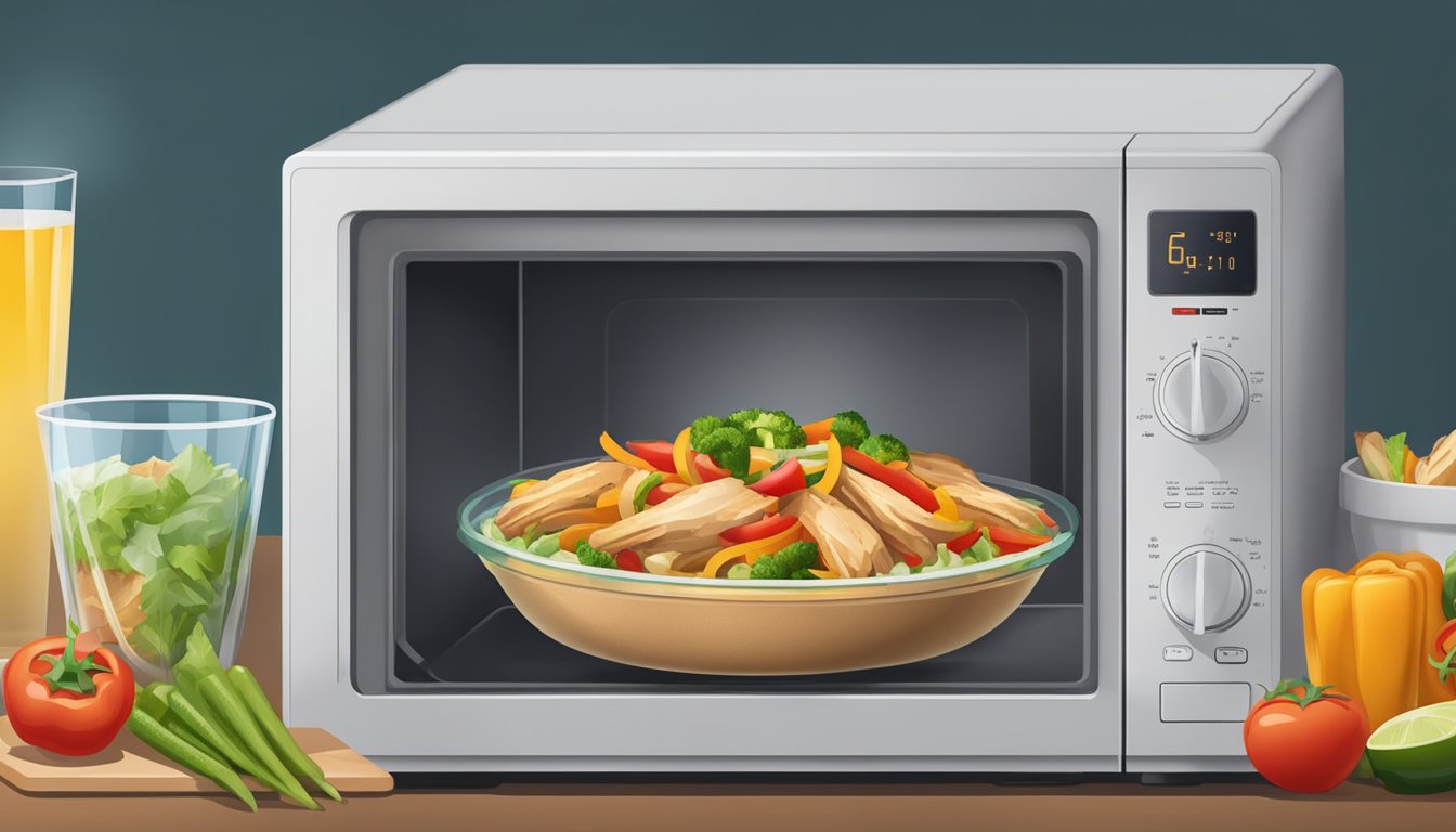 A microwave with a steaming banquet mega bowl of chicken fajita, surrounded by fresh vegetables and a glass of water