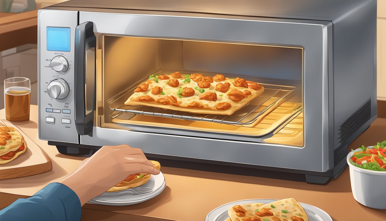 A person reheating BBQ chicken flatbread in a microwave on a plate, with a cover to prevent splattering