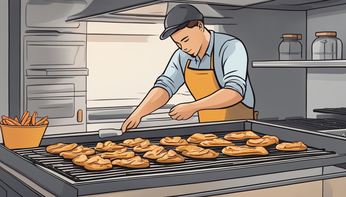 A person placing BBQ chicken flatbread in the oven to reheat