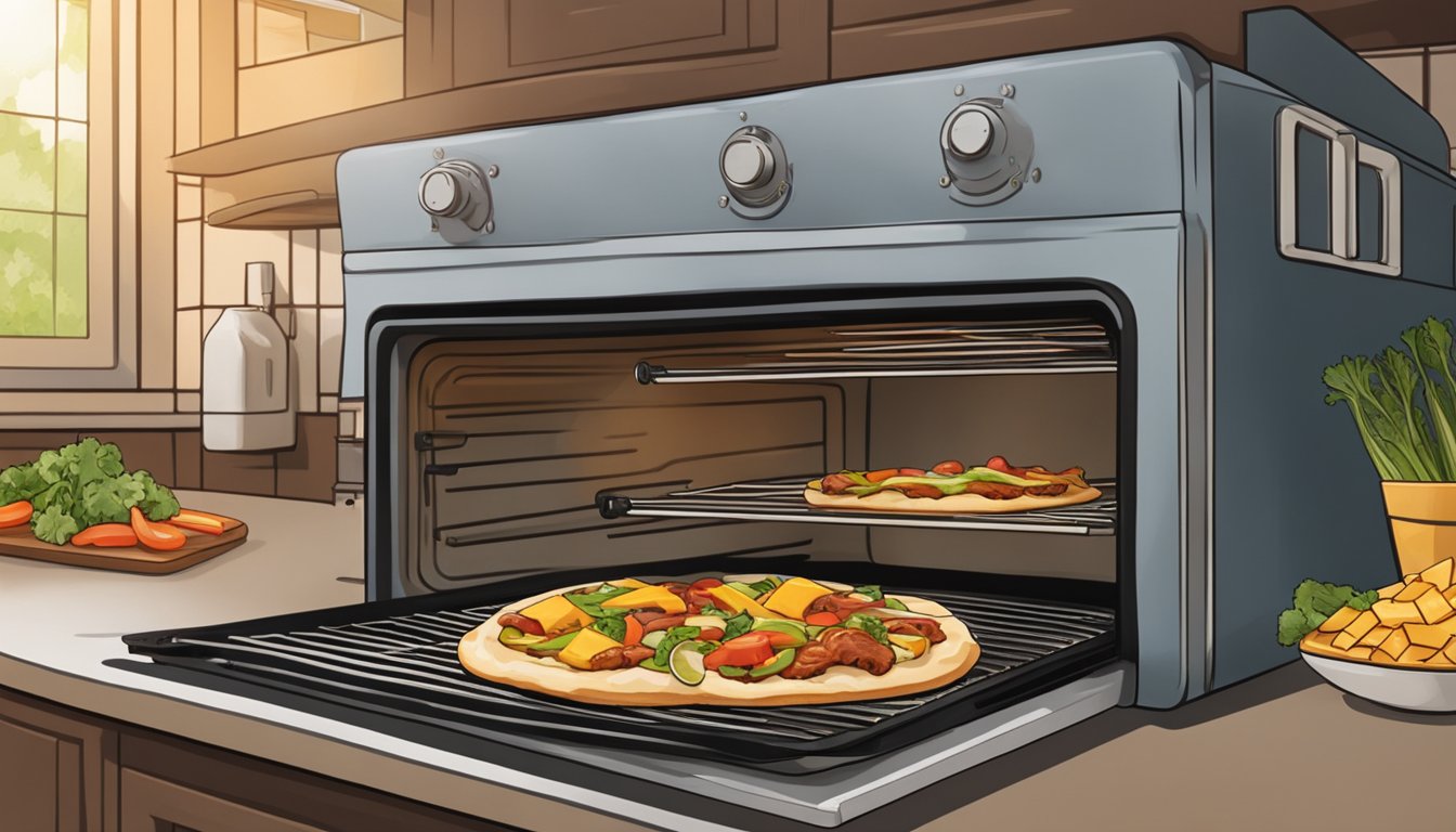 A flatbread topped with BBQ chicken, cheese, and vegetables sits on a baking sheet next to a preheated oven