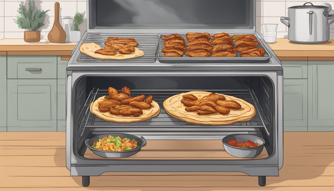 A flatbread with BBQ chicken is being heated in an oven. A plate, napkin, and garnishes are arranged nearby