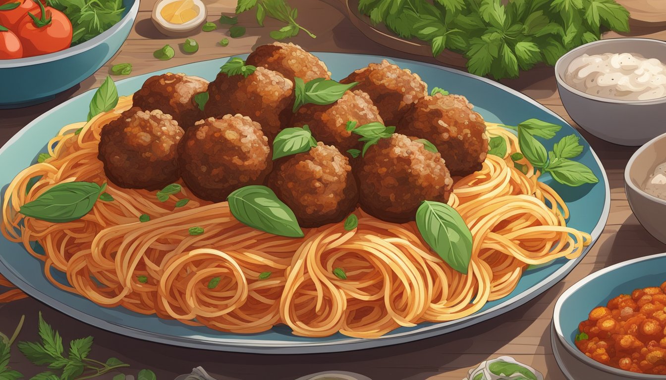 A steaming plate of reheated banquet spaghetti meatballs sits on a table, surrounded by a colorful array of fresh herbs and spices