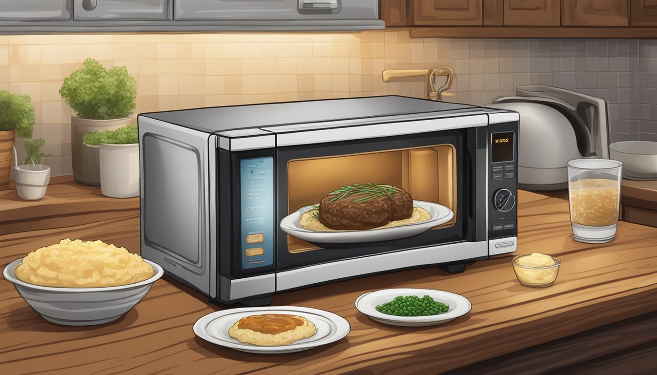 A microwave with a steaming plate of banquet salisbury steak and a side of mashed potatoes on a wooden table