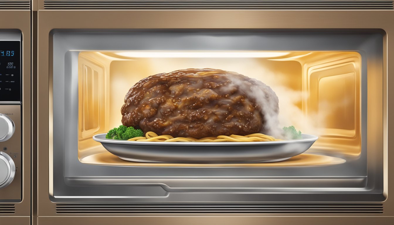 A microwave with a plate of Salisbury steak meal rotating inside, steam rising from the hot food