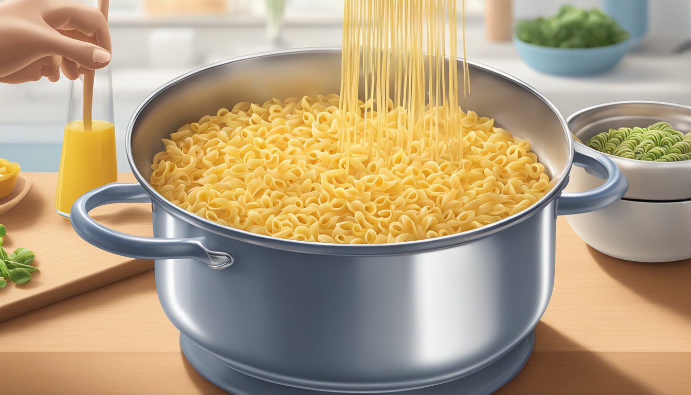 A pot of boiling water with a pouch of Barilla Ready Pasta Gemelli being added in and stirred