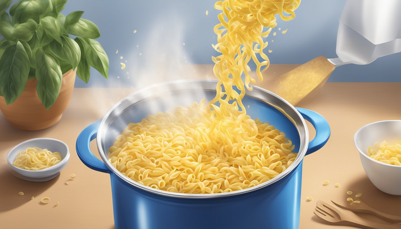 A pot of boiling water with a pouch of Barilla Ready Pasta Gemelli being dropped into the water