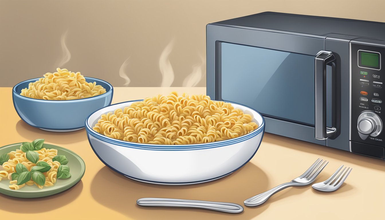 A microwave with a steaming bowl of Barilla Ready Pasta Gemelli next to a fork and a plate