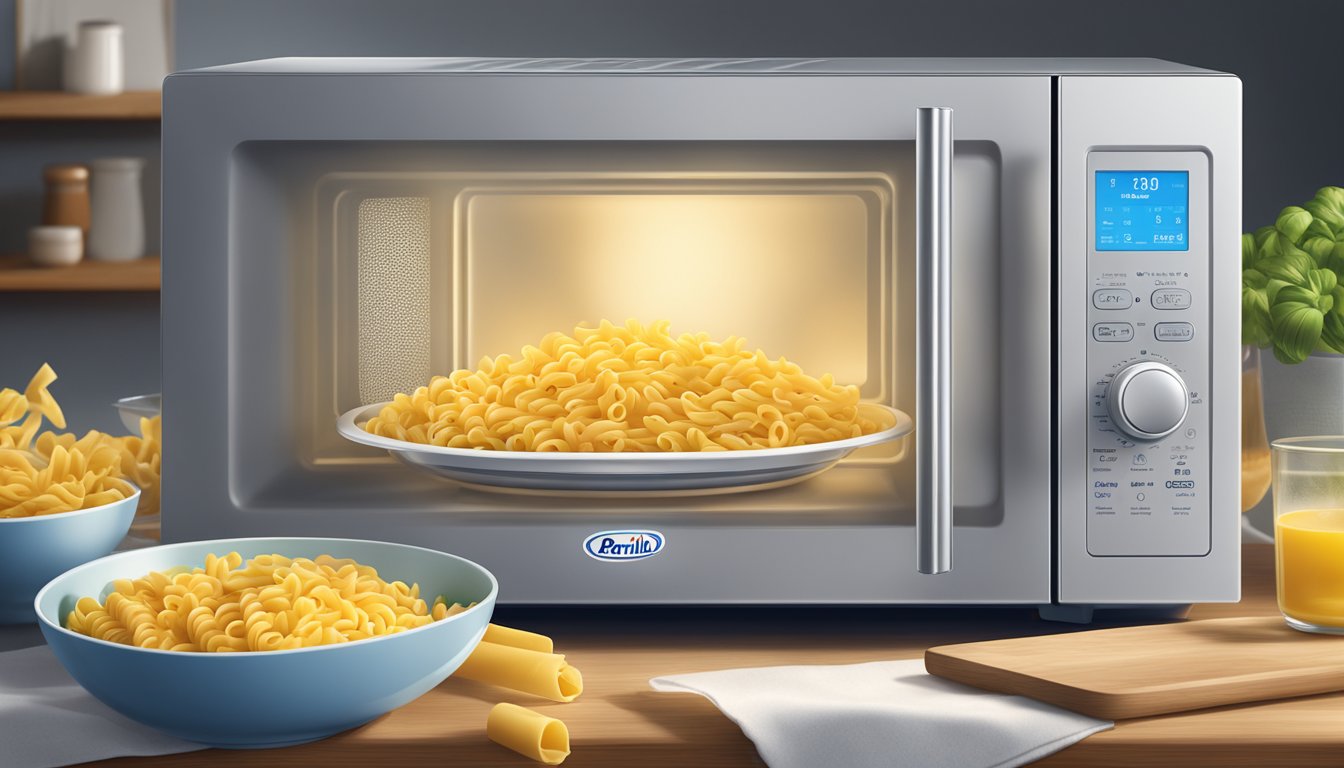 A microwave with a bowl of Barilla Ready Pasta Gemelli inside, steam rising from the open lid