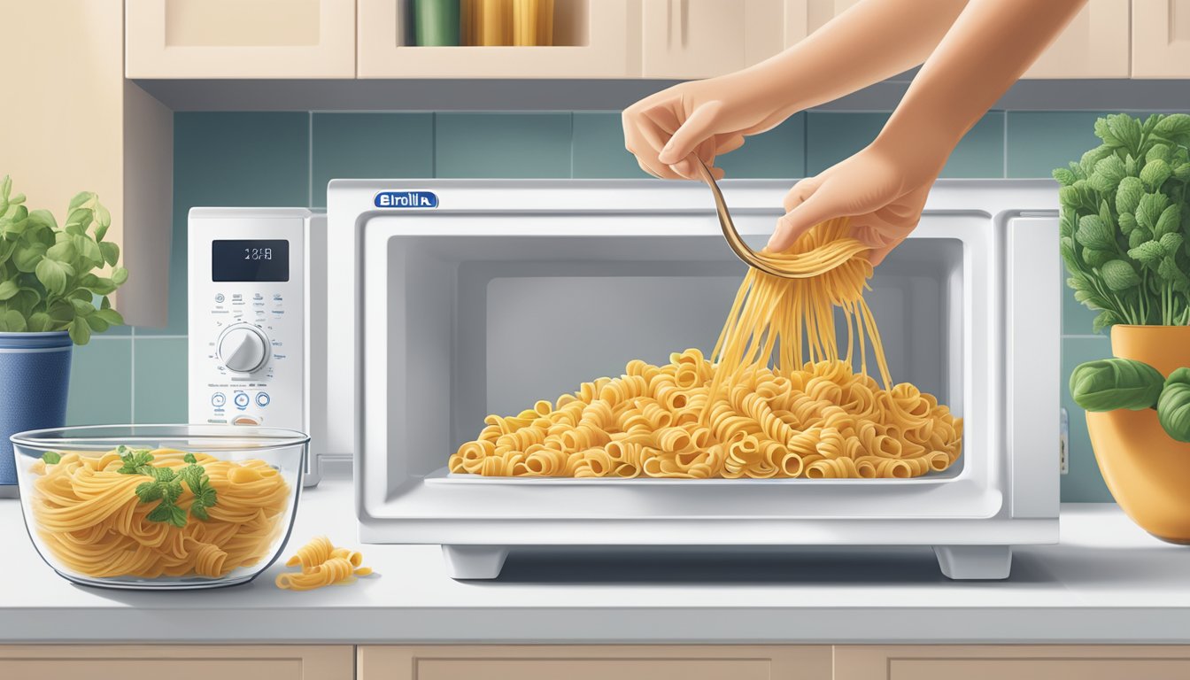 A hand reaches for a microwave-safe bowl filled with Barilla Ready Pasta elbows. The bowl sits on a clean, well-lit kitchen counter next to a small dish of herbs and spices