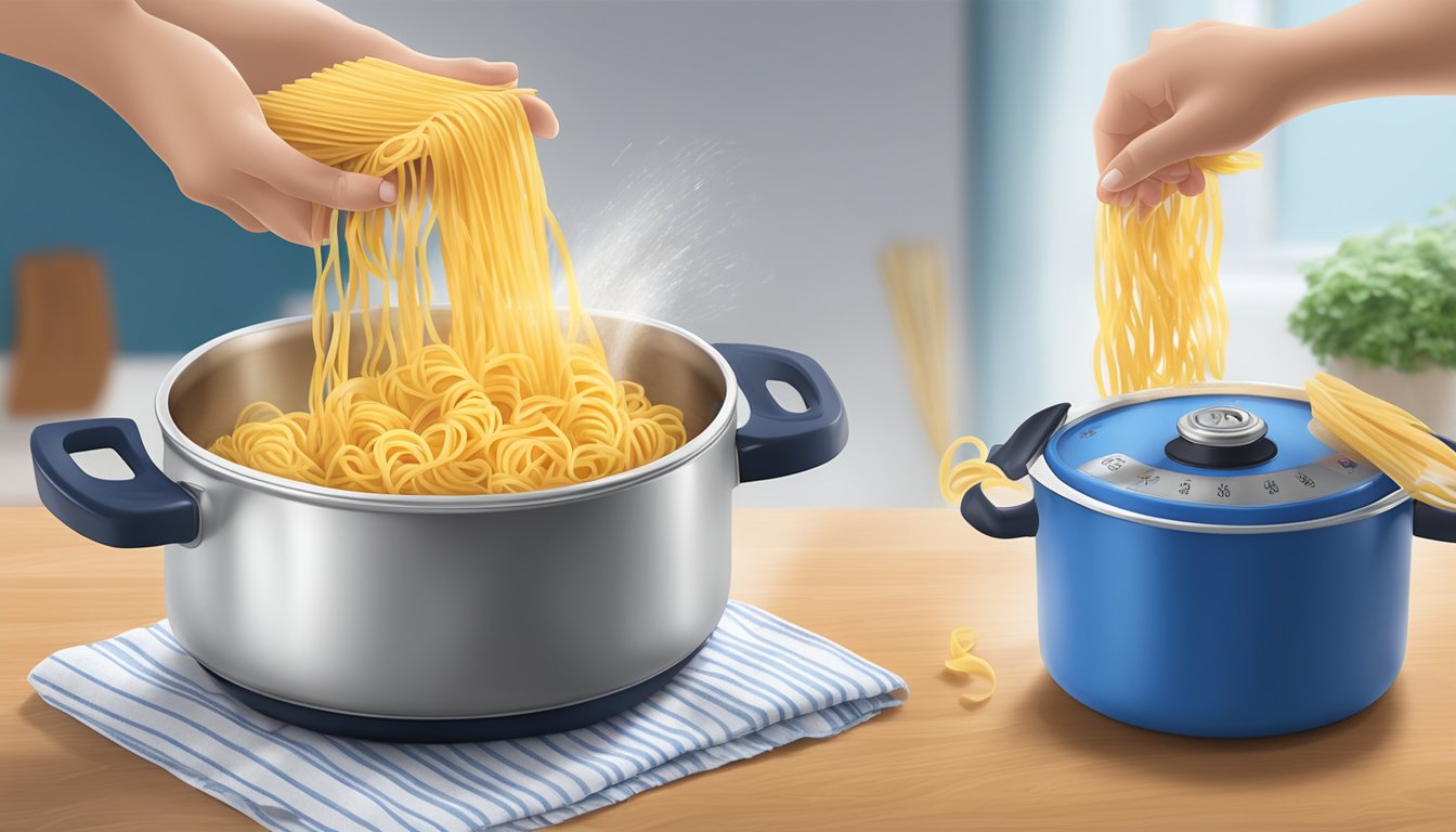 A pot of boiling water with a package of Barilla ready pasta elbows being dropped in. A timer set for 60 seconds