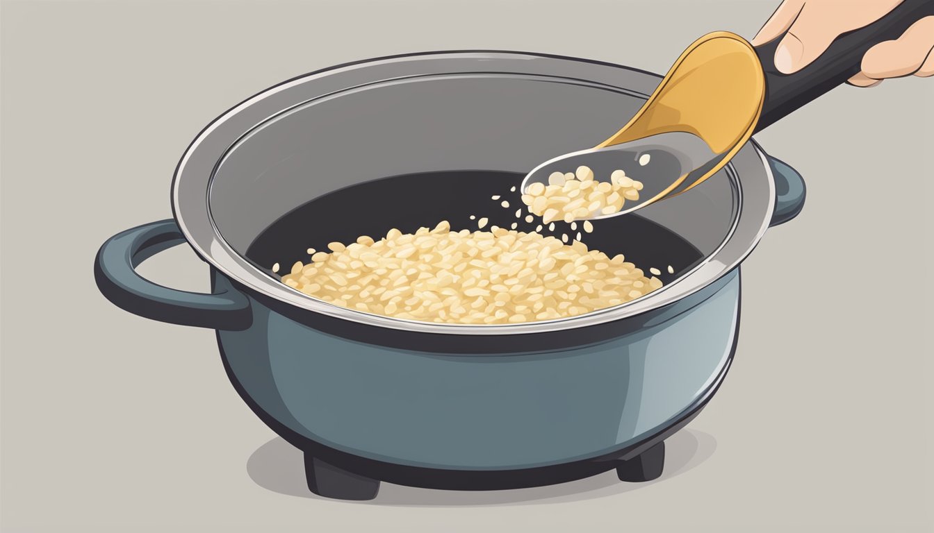 A pot of reheated barley risotto being stirred to achieve a creamy consistency, with steam rising from the surface