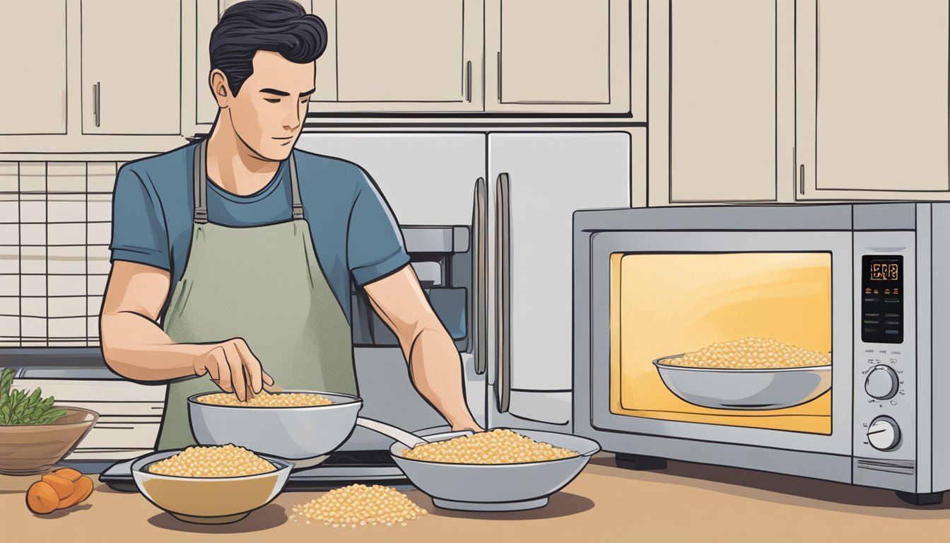 A person using a microwave to reheat a bowl of barley risotto, stirring it halfway through to ensure even heating