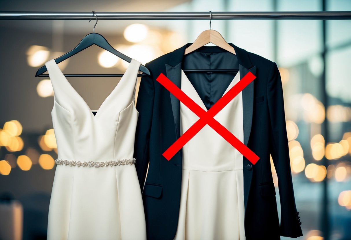 A woman's dress and a tuxedo jacket on a hanger, with the dress crossed out in red marker