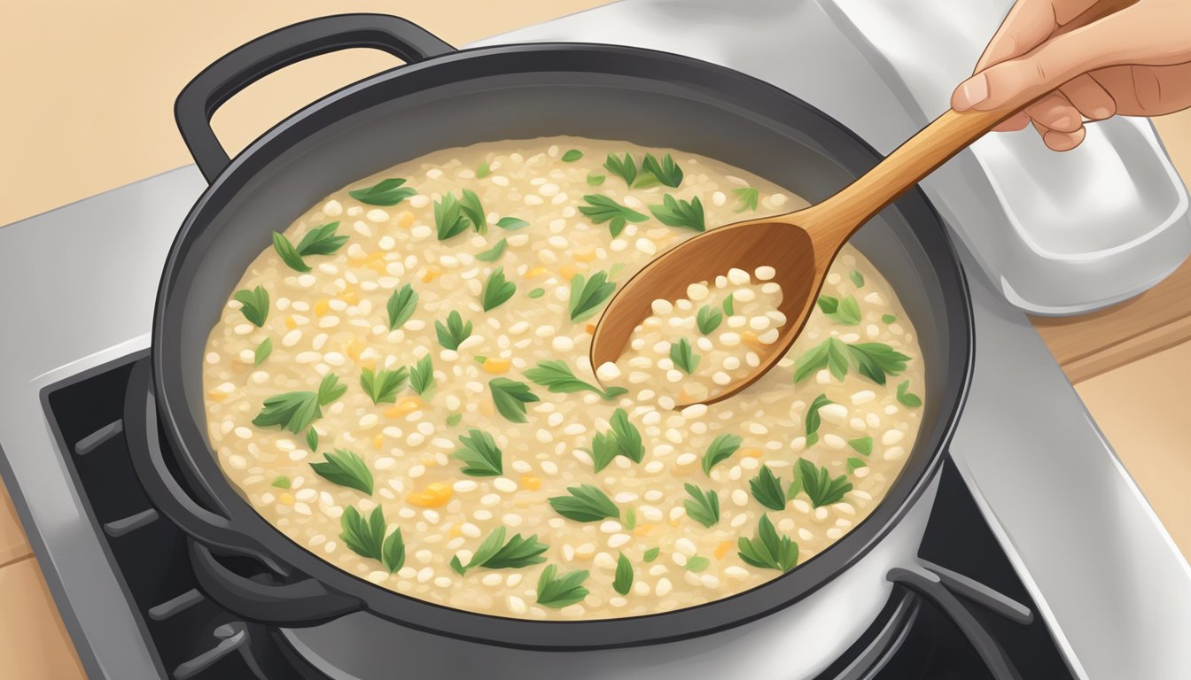 A steaming pot of leftover barley risotto being gently reheated on a stovetop, with a wooden spoon stirring to maintain its creamy texture