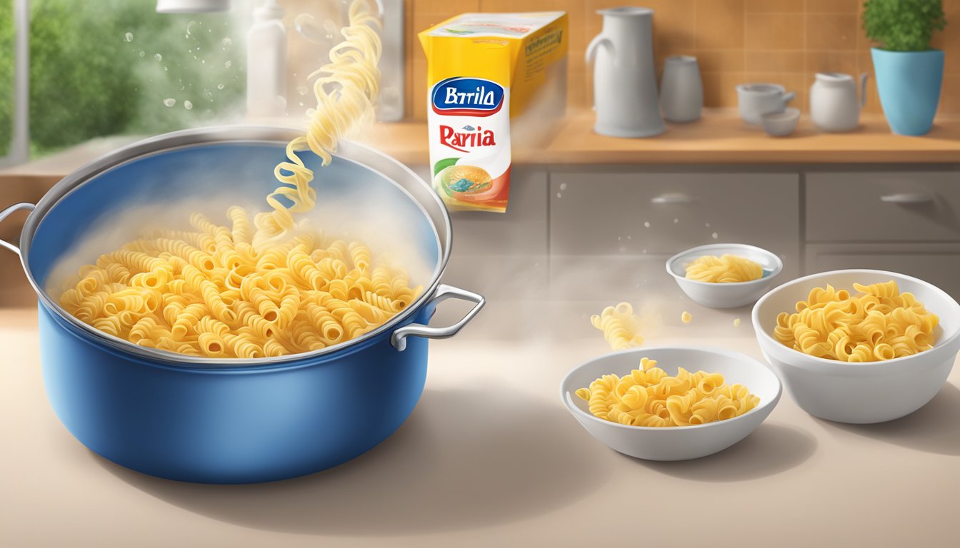 A pot of boiling water with a packet of Barilla Ready Pasta Rotini being dropped in for reheating