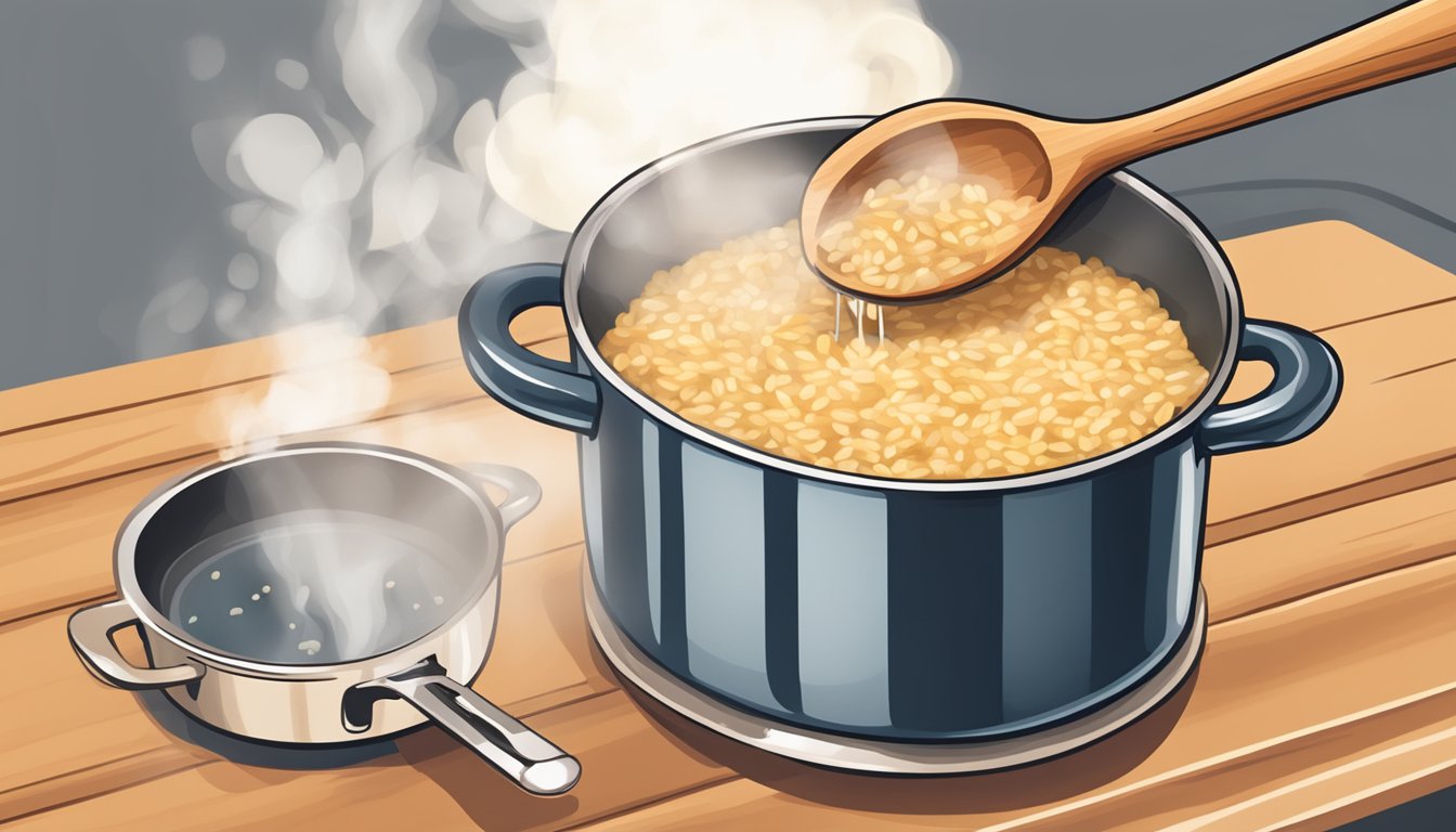 A steaming pot of barley risotto being gently reheated over a low flame, with a wooden spoon stirring the creamy mixture to maintain its smooth texture