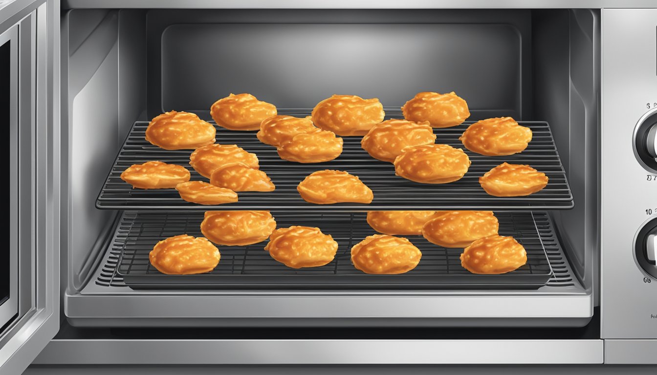 A plate of BBQ chicken bites being reheated in a microwave