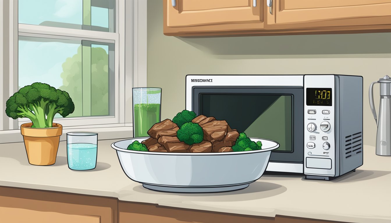 A steaming bowl of beef and broccoli sits in a microwave next to a glass of water. The microwave's digital display shows the timer counting down