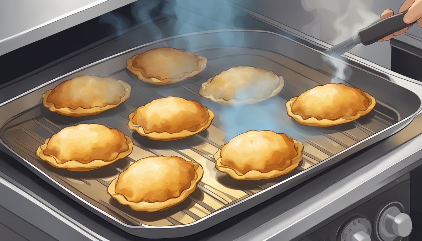 A plate of BBQ chicken empanadas being heated in the oven, with steam rising and the crust becoming golden and crispy