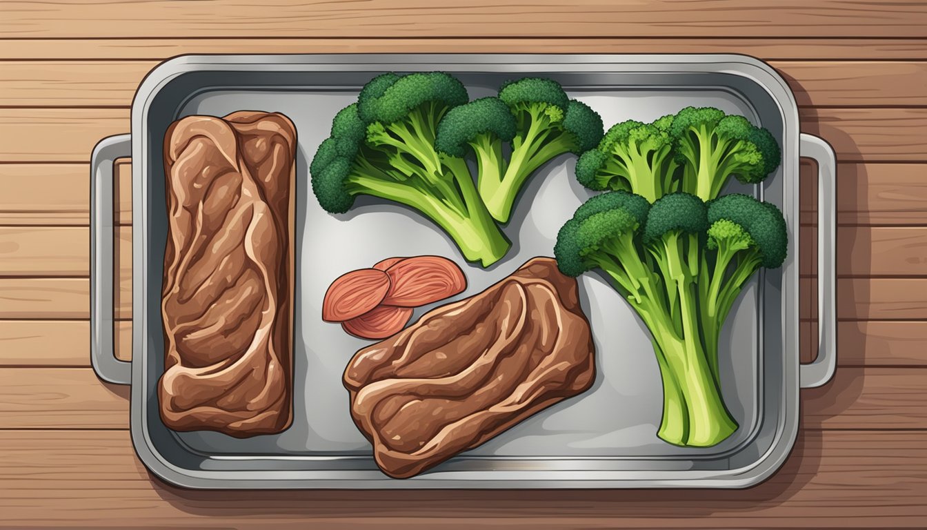 A baking sheet with beef and broccoli in the oven