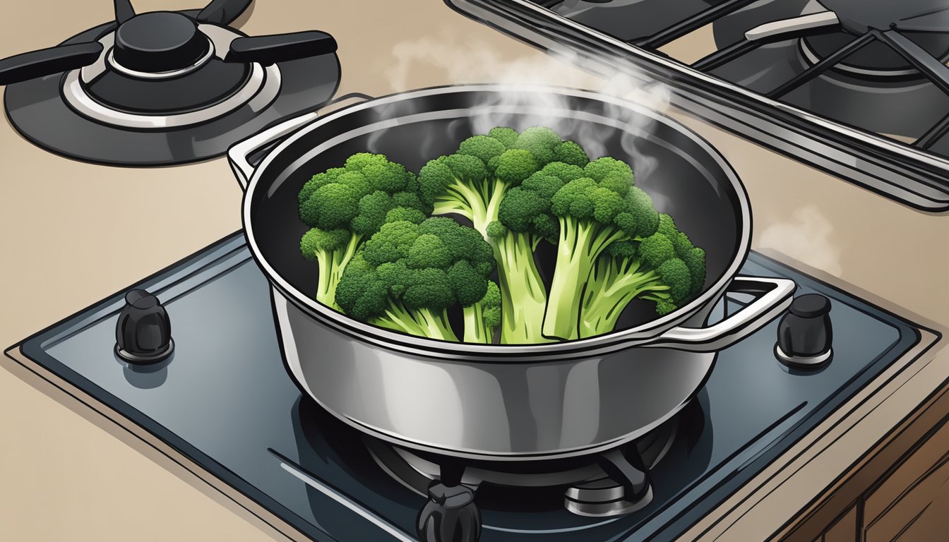 A pot on a stovetop with beef and broccoli being heated, steam rising