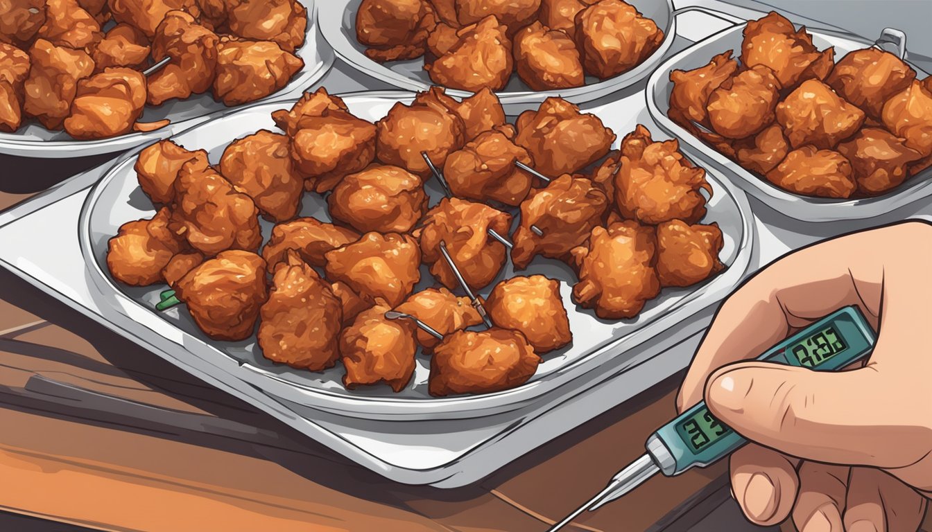 A hand holding a meat thermometer inserted into a pile of reheated BBQ chicken bites on a plate