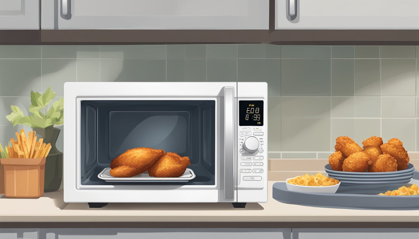 A microwave with an open door, a plate of bbq chicken bites inside, and the timer set to reheat