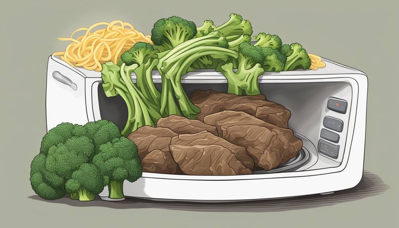 A steaming bowl of beef and broccoli with noodles being reheated in a microwave