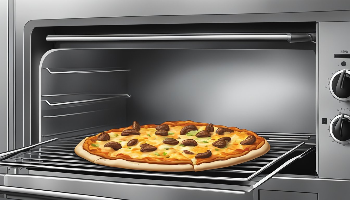 A slice of bbq chicken pizza being placed in a preheated oven