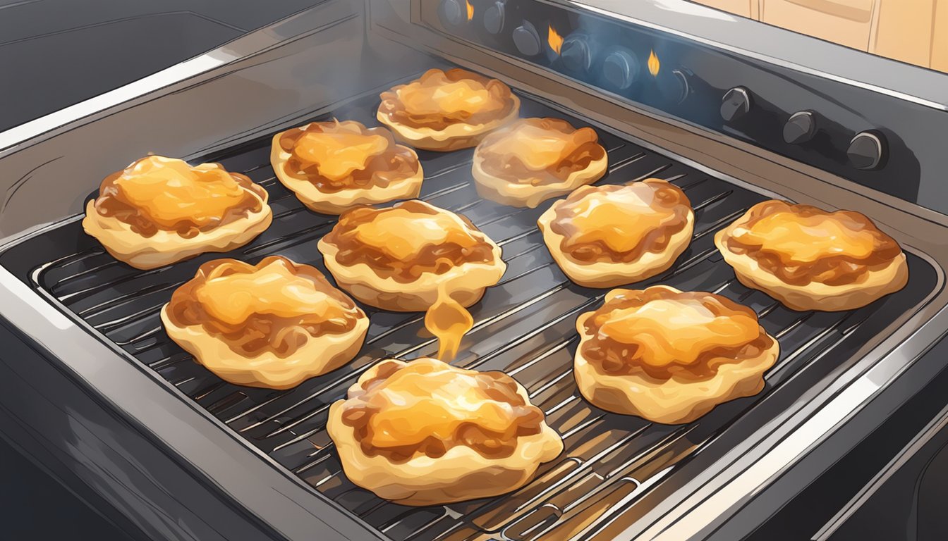 A plate of BBQ chicken flatbread bites being reheated in the oven, with steam rising and the cheese melting over the crispy edges