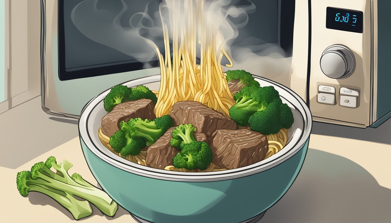 A steaming bowl of beef and broccoli with noodles being reheated in a microwave