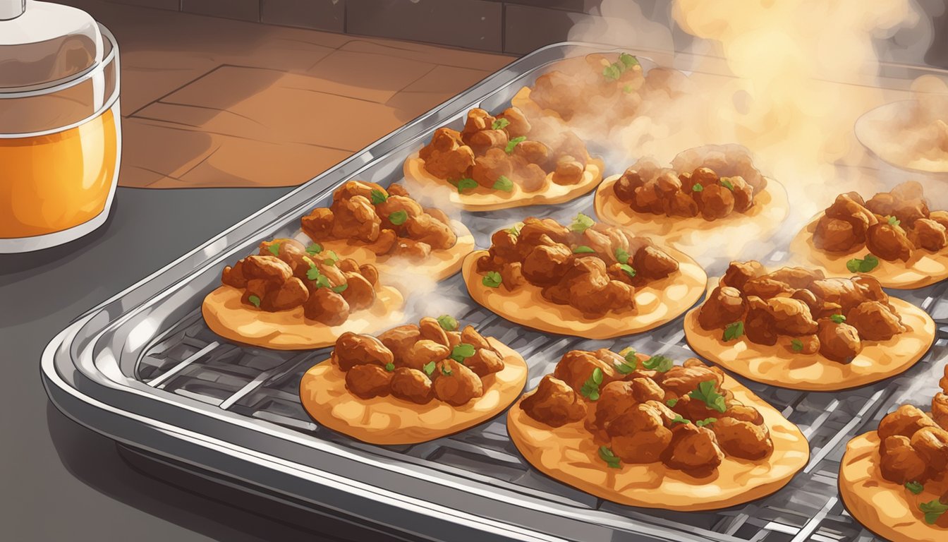 A plate of bbq chicken flatbread bites being reheated in the oven, with steam rising and the aroma of the spices filling the air