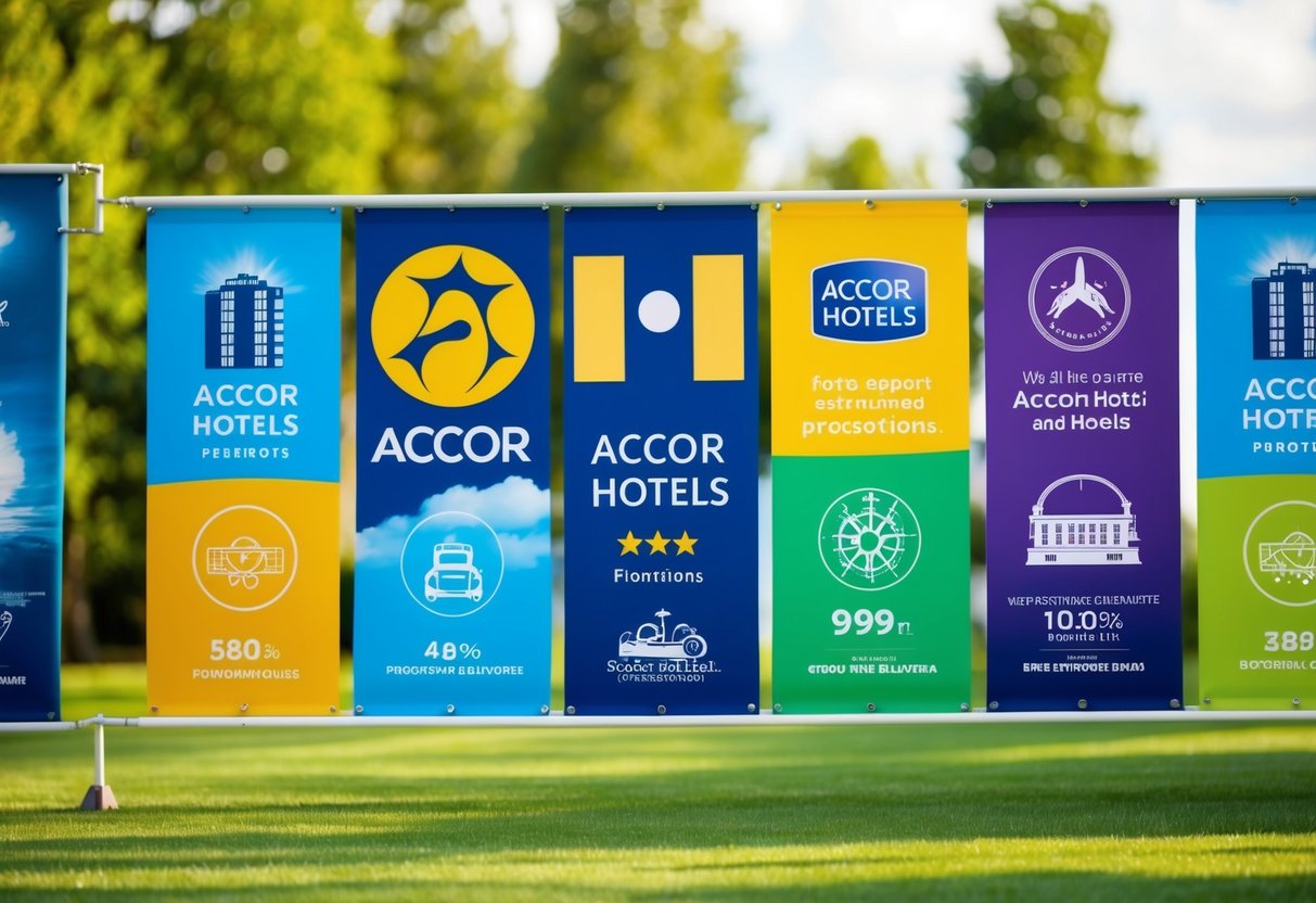 A colorful banner displaying Accor Hotels promotions, with various symbols and imagery representing travel and leisure