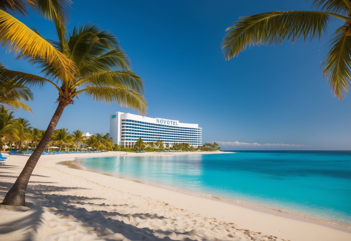 A sunny beach with a Novotel hotel in the background, surrounded by palm trees and a clear blue ocean