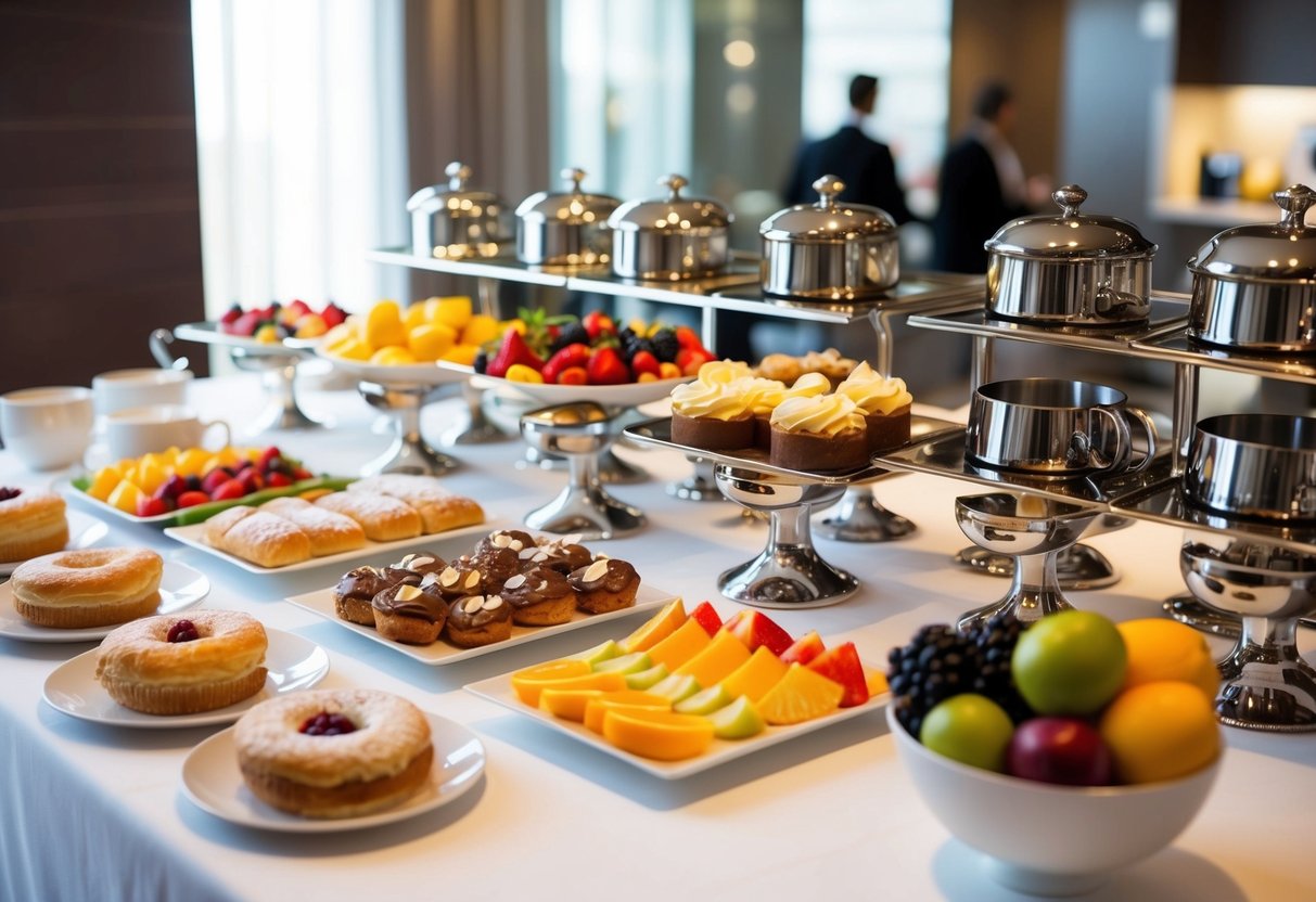 A colorful buffet spread at ibis hotel, with steaming coffee, pastries, and fresh fruit