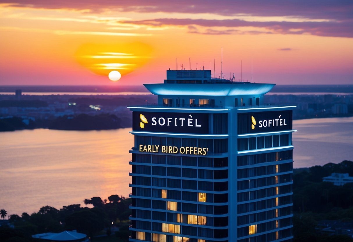 A colorful sunrise over a luxurious Sofitel hotel with a prominent "Early Bird Offers" promotion displayed