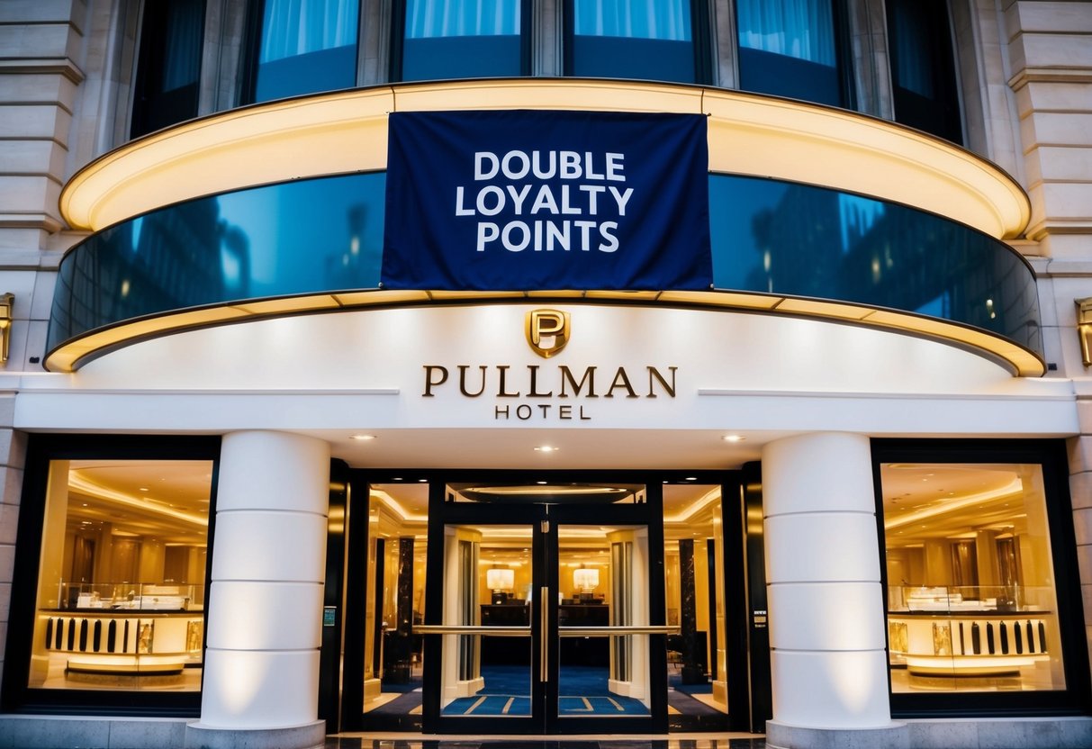 A luxurious Pullman hotel with a prominent "Double Loyalty Points" banner displayed at the entrance