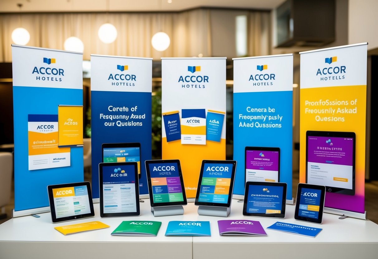 A colorful display of promotional materials for Accor Hotels, including banners, brochures, and digital screens, with a section for frequently asked questions