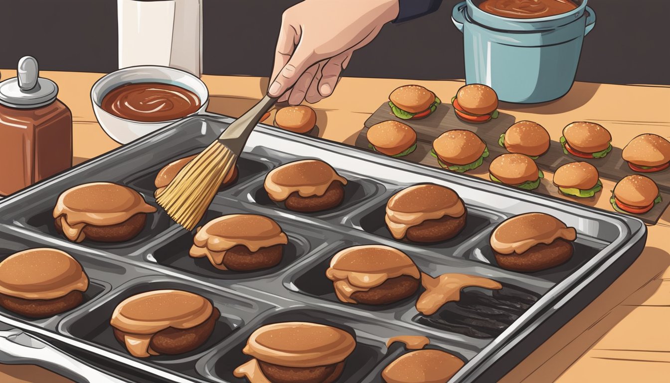 A hand placing bbq pork sliders onto a baking sheet, with a pot of sauce and a brush nearby