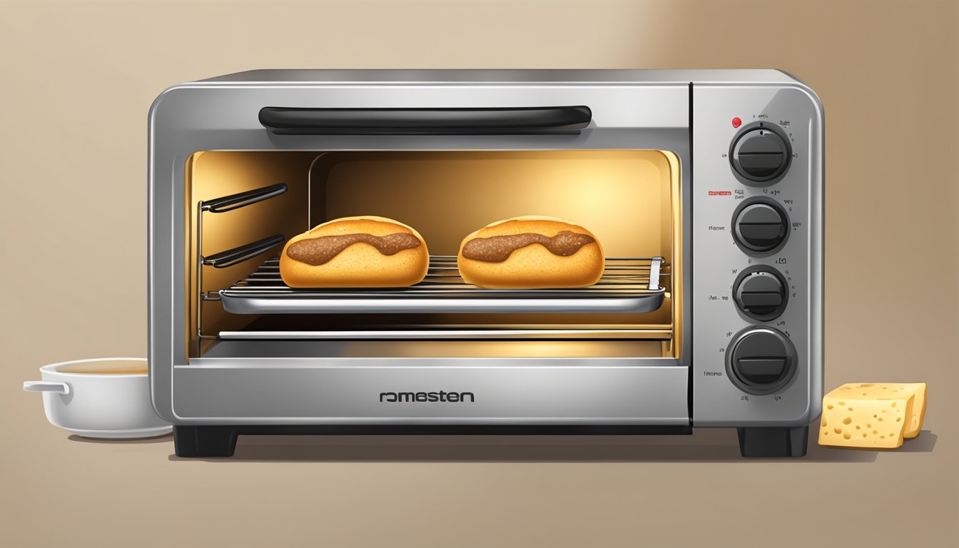 A toaster oven with beef and cheese stuffed breadsticks inside, emitting golden-brown, crispy steam