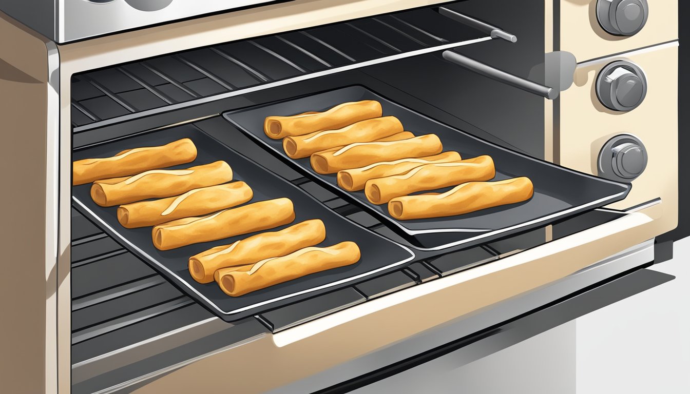 A plate of beef and cheese stuffed breadsticks being reheated in the oven