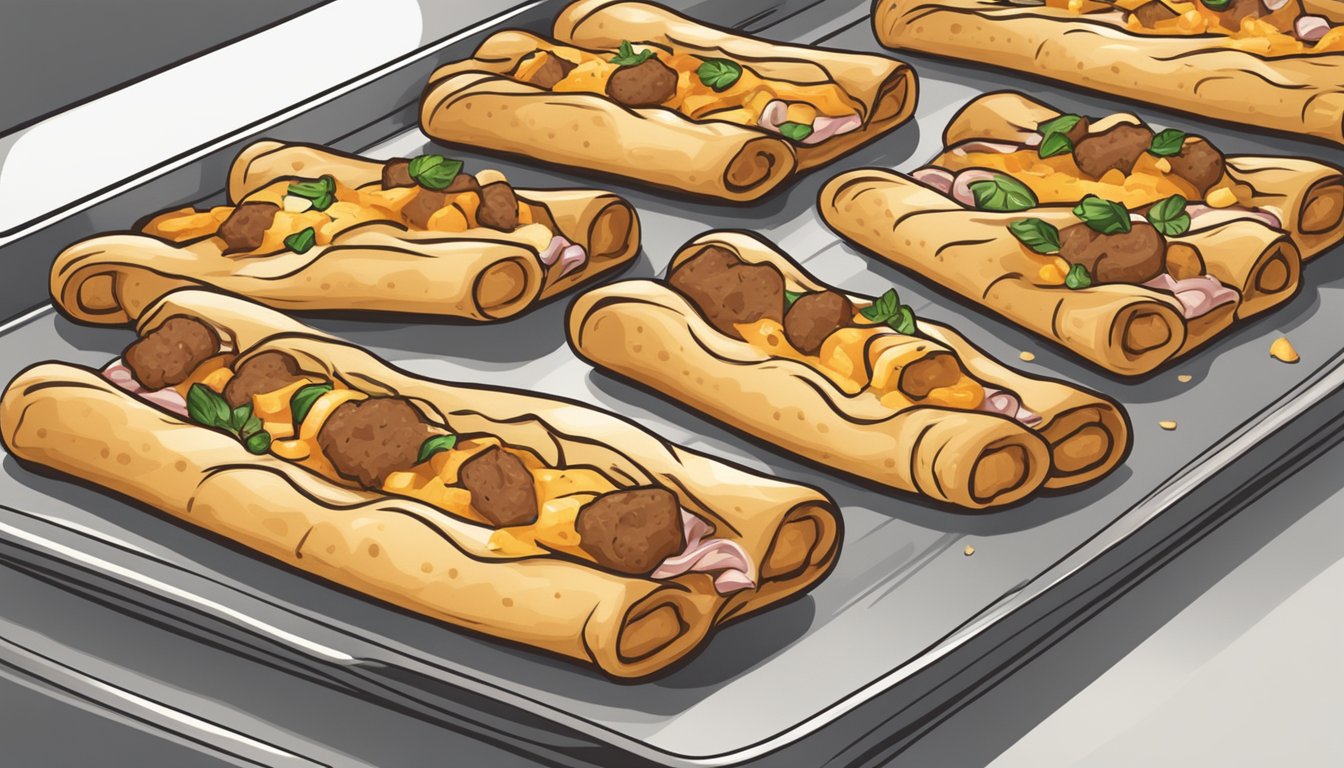 Beef and cheese stuffed breadsticks being reheated in the oven on a baking sheet